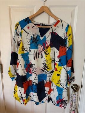 FWYS Abstract Print Blouse XXL Colorful Art Graphic Top 3/4 Sleeve